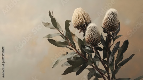 Banksia Coccinea Flower Arrangement on Neutral Background, Textured Surface, Close-Up, Botanical Fine Art, Australian Native Flora