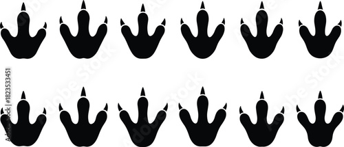 Dinosaur footprint tracks vector set, monster claw silhouette, prehistoric reptile steps, ancient animal walk path, isolated black icons