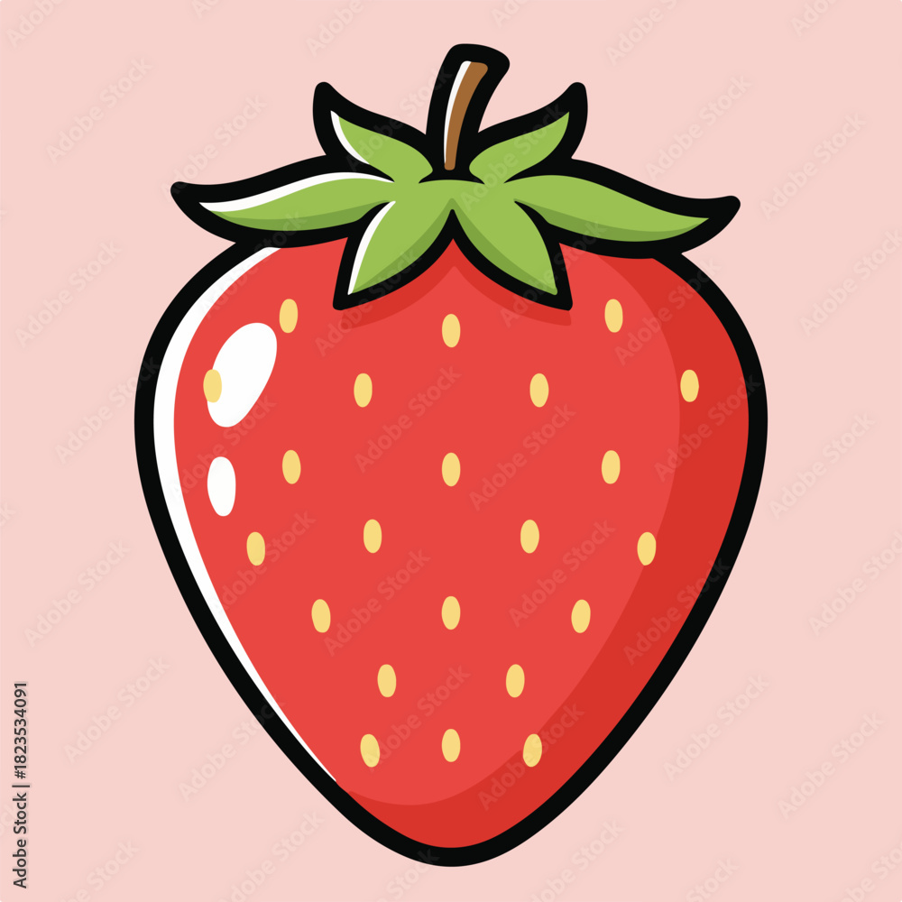 Obraz premium Flat vector strawberry with solid red body, yellow seeds, green leaves, stylish 3D glossy surface, minimal and cute