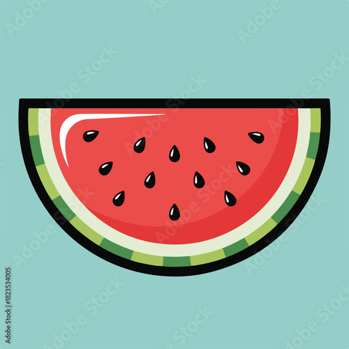 Flat vector watermelon chunk with solid red center, black seeds, green rind, soft 3D curved highlight, bold silhouette on solid background
