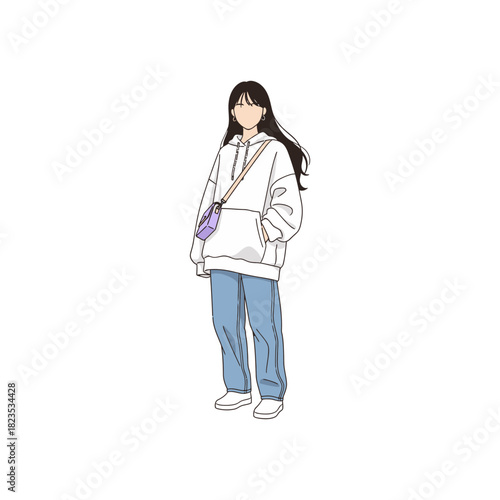 A minimalist illustration of a young woman wearing a white hoodie, blue jeans, and a purple crossbody bag.