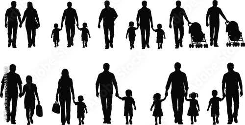 Family walking silhouette vector set, parents with children, single dad and mom, man pushing baby stroller, people holding hands, isolated figures