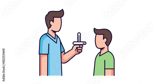 Doctor taking temperature of a child with a non-contact thermometer.