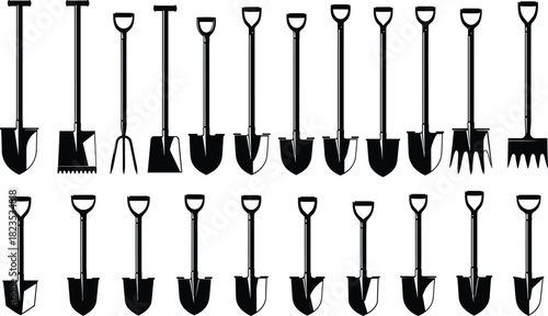 Garden shovel and spade silhouette vector set, farming pitchfork collection, construction digging tool icons, agricultural equipment, isolated black shapes