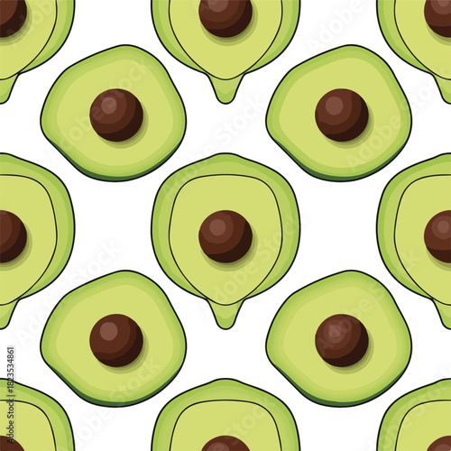  Avocado halves arranged in circular loops forming seamless modern fruit mandala pattern, solid shapes, soft 3D shading