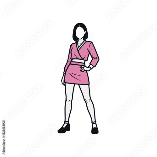 Minimalist line art illustration of a confident woman posing in a stylish pink wrap outfit.