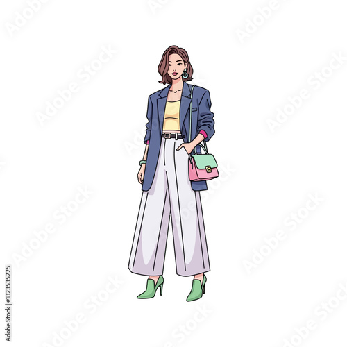 A stylish woman in a blue blazer, yellow top, and white wide-leg pants, accessorized with a colorful handbag and green heels.