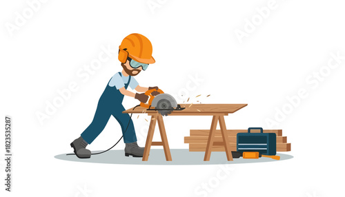 Illustration of a worker in protective gear operating a power saw on a wooden workbench with tools scattered around.
