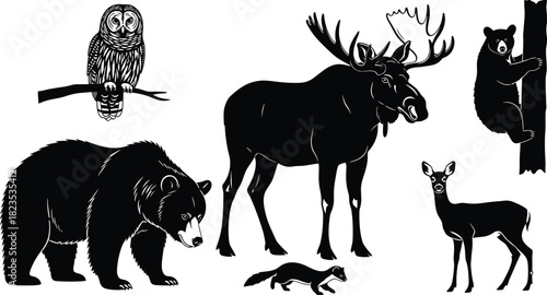 North American Forest Wildlife Vector Collection: Black and White Illustrations of Bear, Moose, Deer, Owl, and Weasel for Wilderness and Nature Themed Designs