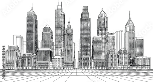 Hand drawn black and white city skyline illustration, linear urban vector sketch of modern skyscrapers, architectural metropolis background, detailed building design concept