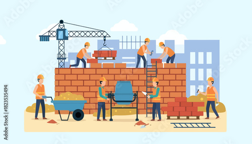 Construction workers building a brick wall with a crane and tools in a cartoon cityscape with a light blue sky.