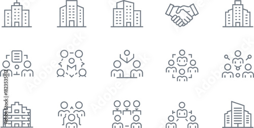 Business Organization & Corporate Team Icons – Company Buildings, Collaboration, Partnership & Teamwork Line Icon Set.