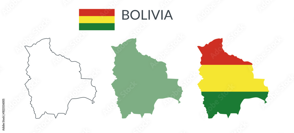 Obraz premium Bolivia geographical borders isolated on white background. Flag of Bolivia. Vector flat cliparts.