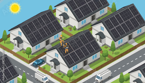 Illustration of a worker installing solar panels on a suburban neighborhood rooftops with a sunny background.