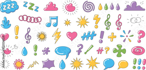 Cartoon symbol icon set, colorful expressive doodles, hand-drawn emotion shapes, playful graphic design, abstract communication elements