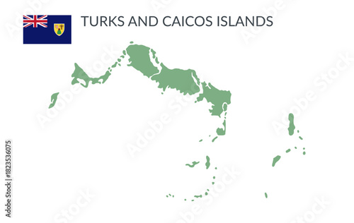 Turks and Caicos Islands geographical borders isolated on white background. Flag of Turks and Caicos Islands. Vector flat cliparts.