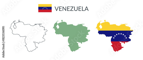 Venezuela geographical borders isolated on white background. Flag of Venezuela. Vector flat cliparts.