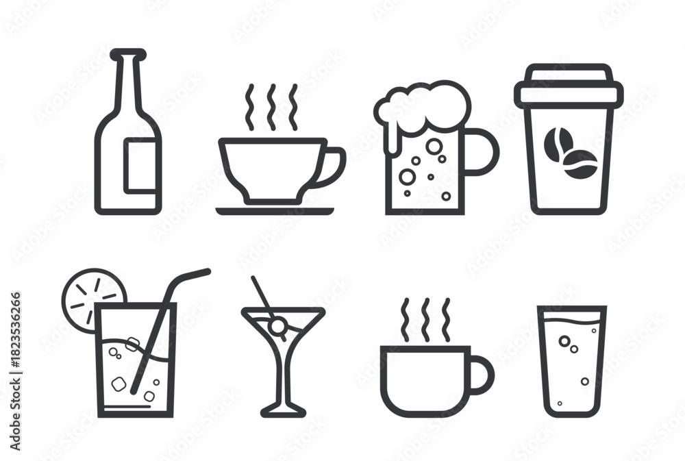 Fototapeta premium Isolated icon set of drink containers including coffee paper cup, tea cup, beer glass, and wine glass designed in simple outline style.
