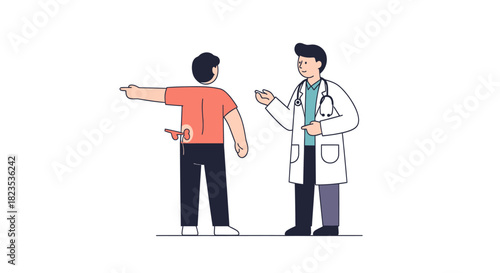 Doctor examining patient with back pain in medical consultation.