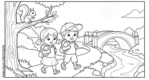 Two children walking along a scenic path with backpacks, a bridge over a river, and a squirrel in a tree, perfect for a fun coloring page illustration
