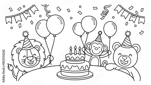 Cute lion, monkey, and bear celebrating a birthday party with balloons and a cake, surrounded by festive decorations, creating a joyful atmosphere for coloring fun