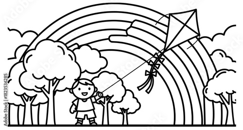 Happy child flying a colorful kite under a vibrant rainbow in a park surrounded by fluffy trees, capturing the joy of outdoor play and creativity in a coloring page illustration