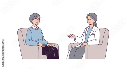 Doctor consulting with elderly patient in a medical office.