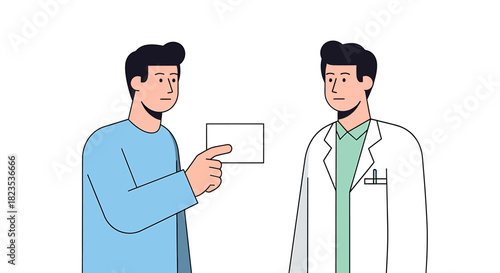 Patient consulting with a doctor, holding a blank card.