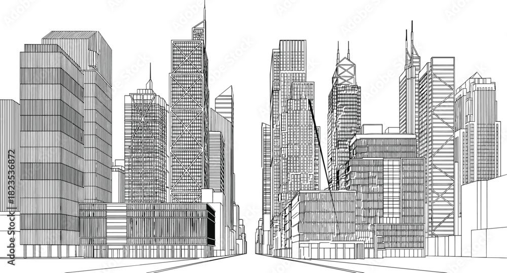 Naklejka premium Modern city skyline line art illustration, architectural perspective drawing of skyscrapers and urban street, black and white vector sketch