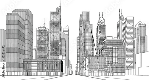 Modern city skyline line art illustration, architectural perspective drawing of skyscrapers and urban street, black and white vector sketch