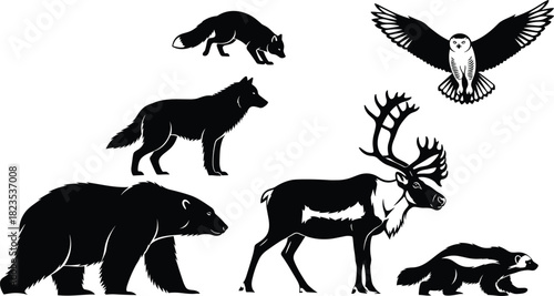 Northern and Arctic Wildlife Set: Black Vector Illustrations of Fox, Wolf, Polar Bear, Caribou, Skunk, and Snowy Owl for Cold Climate Nature and Animal Designs