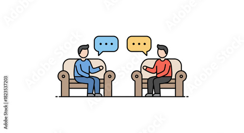 Two people in therapy sitting in armchairs conversing with speech bubbles perfect for illustrating counseling mental health support empathy.
