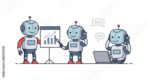 ai robots working on business presentations and phone calls a modern tech solution for improved productivity and corporate communications.