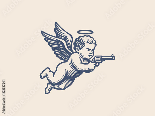 Armed cherub with gun vintage engraving vector illustration