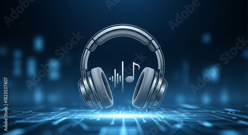 3d rendering of silver headphones with music equalizer wave and note symbol on a futuristic blue digital background representing audio technology and sound concept