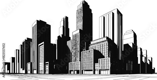 Modern city skyline vector illustration, black and white architectural sketch of skyscrapers, urban street perspective for business design background