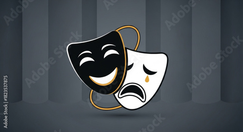 Two theater drama comedy tragedy masks intertwined symbolizing the duality of human emotion and performance art against a dark background
