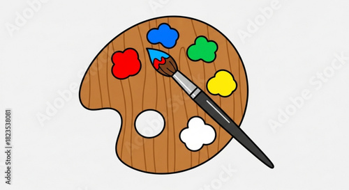 Colorful wooden artist paint palette with dabs of primary and secondary colors and a paintbrush resting on it