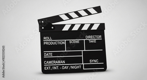 A realistic 3d rendering of a black movie film clapperboard or slate with white markings against a light gray background for cinema production concept