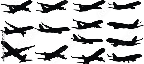 Set of airplane silhouettes, commercial jet flying poses, aviation transport collection, aircraft taking off, black vector illustration, travel concept