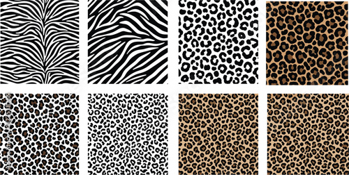Set of animal print seamless patterns, leopard spots and zebra stripes, wild skin texture collection, fashion textile background, vector