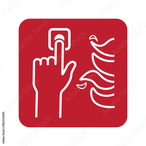 Isolated red sign fire call station with a hand pressing the emergency button and flames indicating fire alert activation.