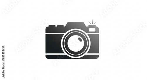 Simple black and white silhouette icon of a classic camera with a flash, for graphic design use