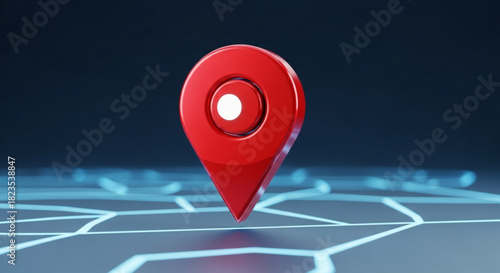 Shiny red 3d map location pin icon hovering over a glowing blue digital network grid representing global positioning and navigation concept