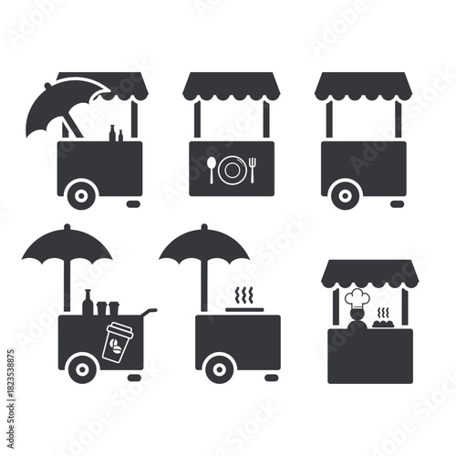 Bundle set street food seller icon with a pushcart featuring wheels and a tarp roof, symbolizing mobile vending and traditional outdoor marketplace.