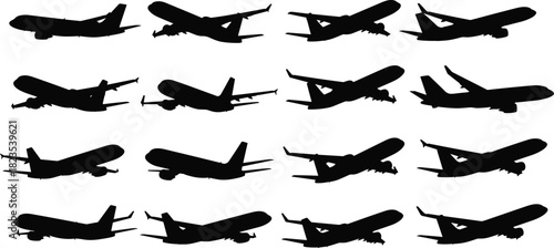 Set of black airplane silhouettes, commercial aircraft vector collection, flying jet icons, aviation transport design elements, isolated on white background