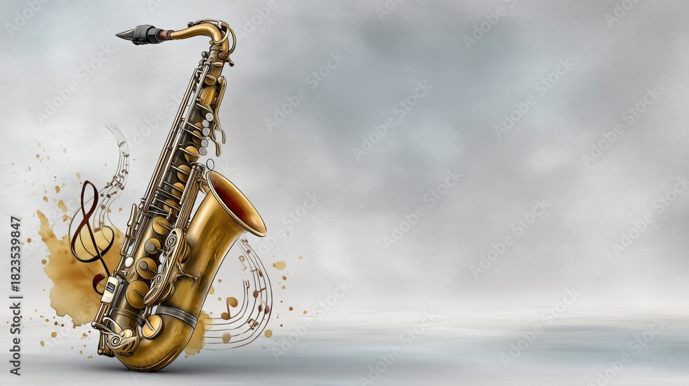 Obraz premium Hobby music mood expressed through saxophone with delicate watercolor strokes creating balanced artistic layout where wide white area emphasizes subtle creative detail