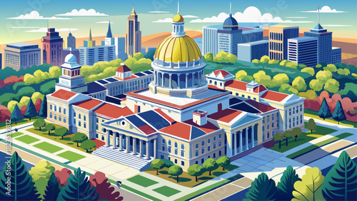 Very beautiful aerial view of the Pennsylvania State Capitol building in Harrisburg, Pennsylvania, shown from above in a clean, timeless, stock-safe style with detailed architecture and soft natural l