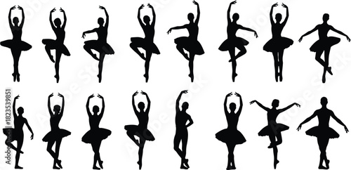 Set of black ballerina silhouettes, female dancers in tutus posing and jumping, classical ballet vector illustration set, isolated on white