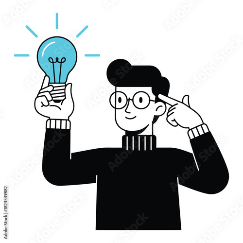 Conceptual illustration depicting a moment of brilliance, where a thoughtful individual finds an innovative solution, symbolized by a brightly glowing light bulb representing a new idea or insight